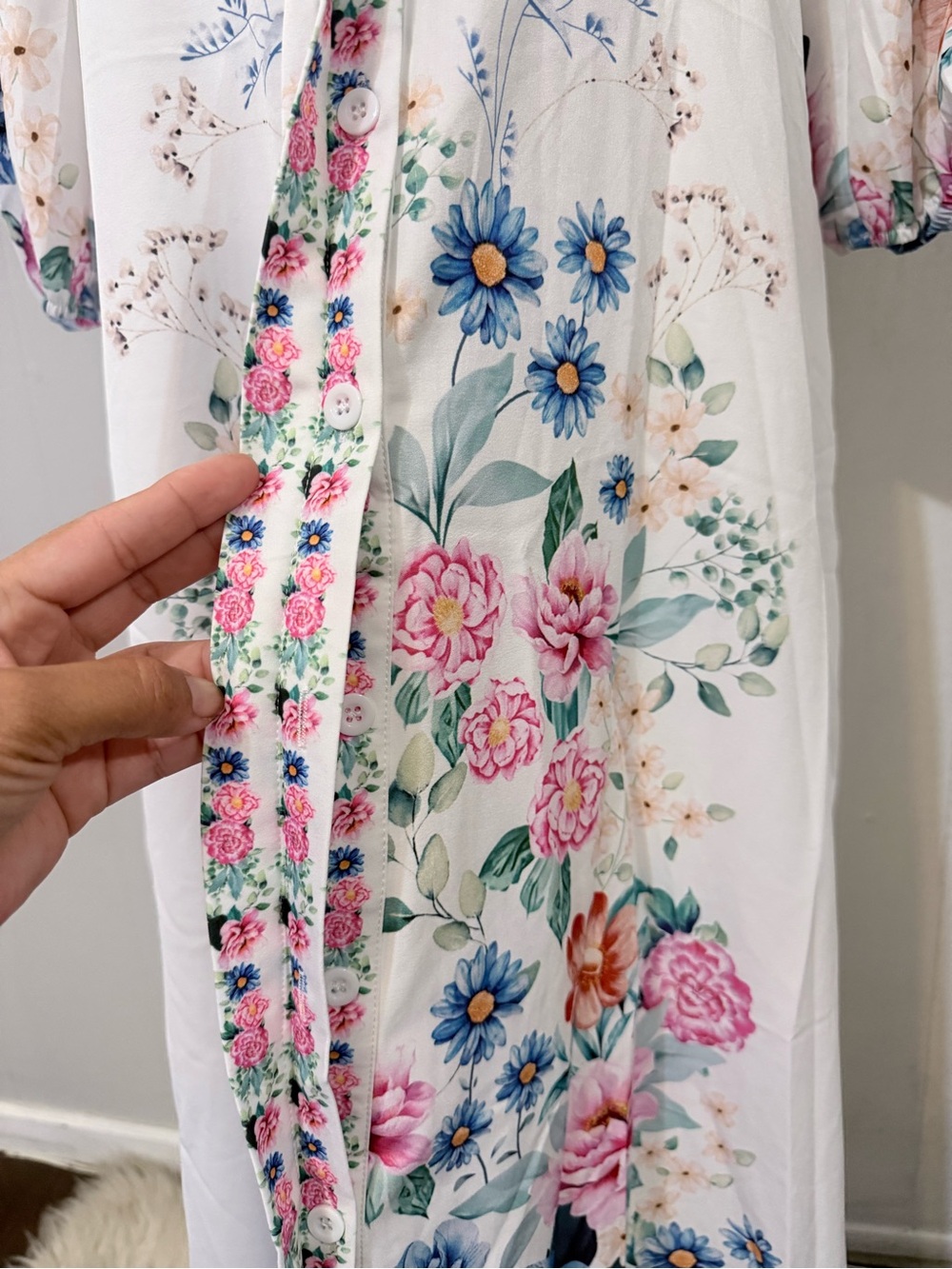 Floral-Embroidered White Maxi Dress with Pink & Blue Accents - Picture 7 of 14